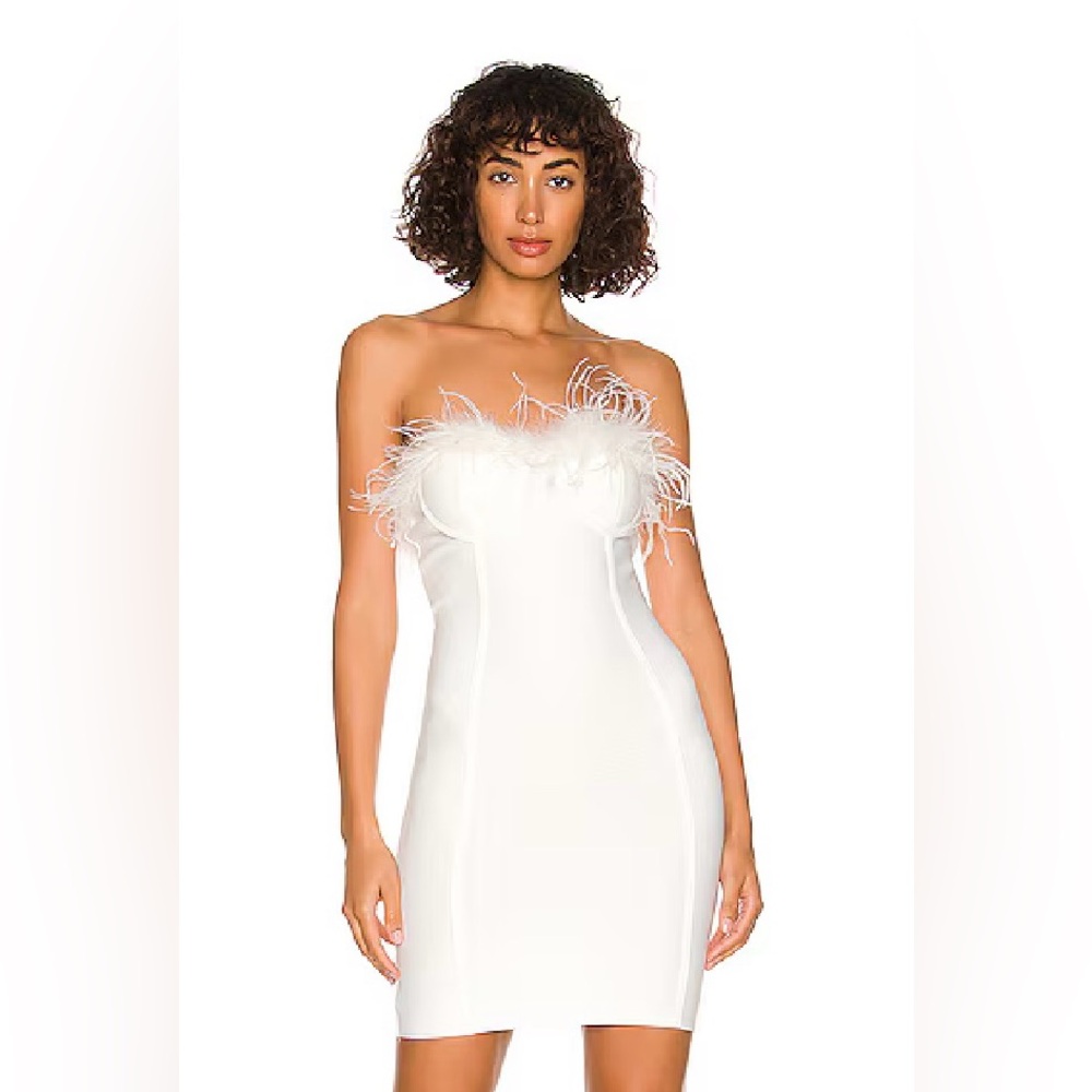 superdown White Strapless Feather-Trim Mini Dress